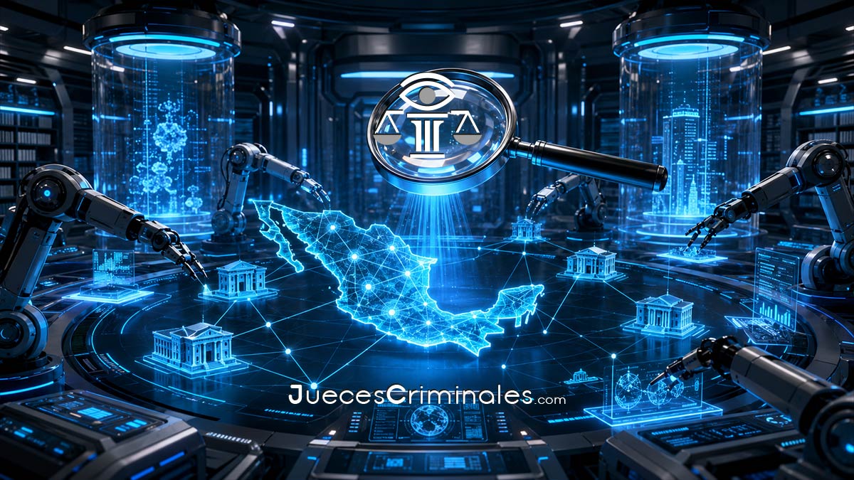 Ilustración editorial sobre tecnología, derecho y sistemas judiciales